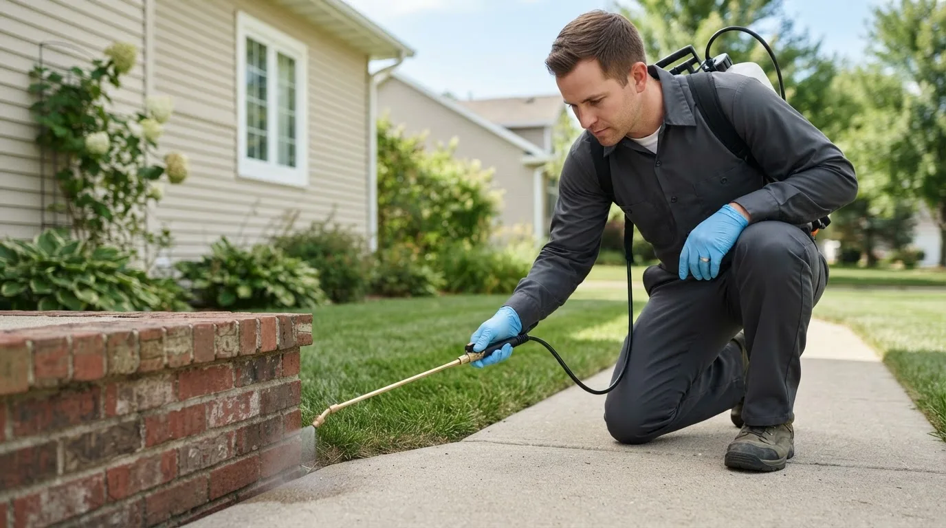 Pest control technician treating a home near Gales Ferry, CT